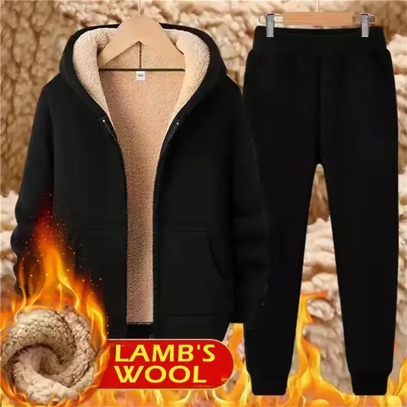 Traje deportivo de lana gruesa para hombre, Sudadera con capucha térmica de lana de cordero, pantalones largos de gimnasio, Otoño e Invierno