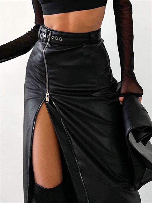 Wsevypo-Saia lápis de cintura alta preta de couro PU feminina com cinto, saia bodycon midi, streetwear grunge vintage, zíper, split