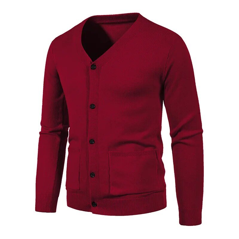 Men Fashion V-Neck Buttons Cardigan Autumn Winter Casual Long Sleeve Knit Sweater Solid Color Basic All-Match Coats Tops