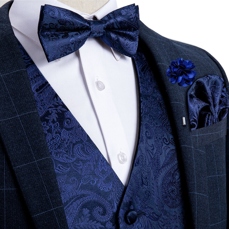 Hombre Chaleco y Corbata de Jacquard Floral de Paisley y Traje de Chaleco Cuadrado de Bolsillo color dorado azul y negro Vestido Formal de boda para hombre traje de esmoquin traje de corbata de lazo conjunto Regalos