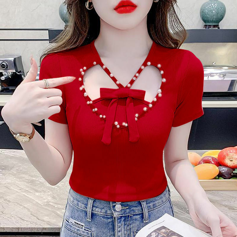 2024 New Summer Sweet Fashion Elegant Slim Fit V-neck Short Sleeved Bow Solid Color Hollow Out Diamonds Women's T-shirt Top