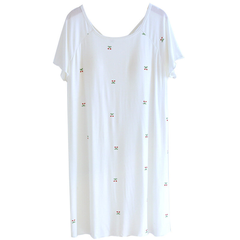 Damen Modal Kurzarm Nachthemd mit Brust polstern Sommer dünn bedruckte kleine Kirsche mittellange Home Wear Pyjama für Frauen