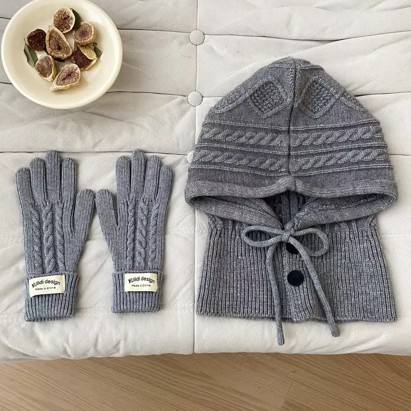 Conjunto de gorro y guante de invierno coreano para mujer, gorros cálidos, chal de imitación de Cachemira, bufanda suave de punto, jersey de dedo dividido
