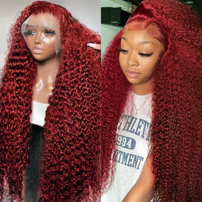 Glueless Pre Plucked Human Hair Wigs Curly 13x4 Lace Frontal Wig 99J Burgundy Deep Wave Human Hair Wigs Red Colored Brazilian