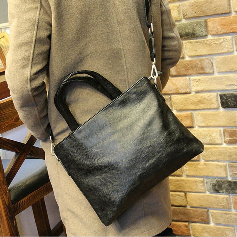 Maleta masculina de couro PU preto, bolsa mensageiro de ombro, bolsa horizontal para laptop, bolsa para documentos, luxo