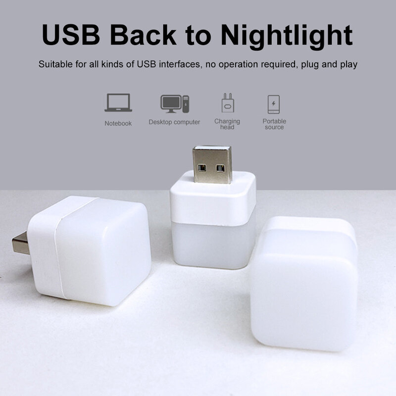 1Pcs USB Plug Lamp Mini LED Night Light Small Square Reading Eye Protection Lamps Portable USB Power Bank Charging Night Light