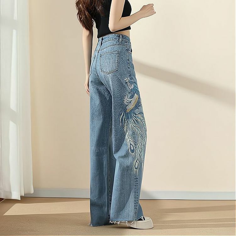 Jeansowe hafowany feniks szykowne damskie proste nogawki ozdoby z pereł damskie z nadrukiem Denim letni koreański styl