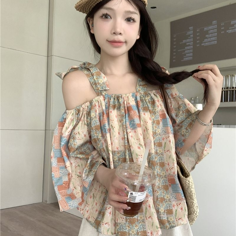 Sweet Floral Loose T Shirts Summer New Off Shoulder Lacing Short Sleeve Printing Hollow Out Tops Vintage Fashion Women Clothing
