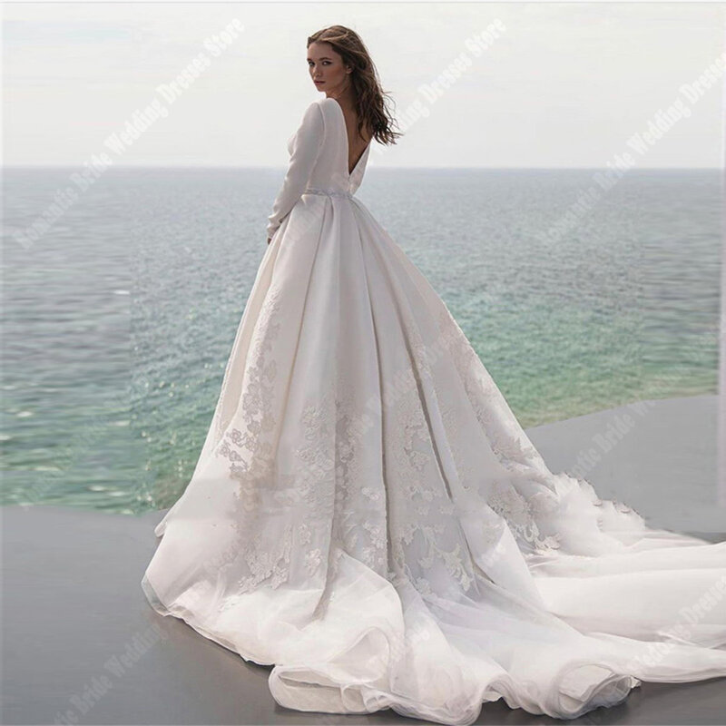Elegant A-Line Women Wedding Dresses V-Neck Lace Floral Print Princess Wedding Gowns Customized Long Sleeves Vestidos De Novias