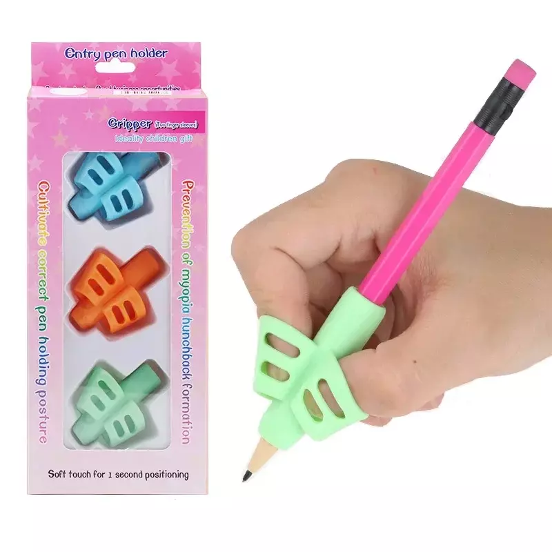Crayon en pton souple pour enfants, poignées de stylo gel à deux doigts, outil d'entraînement à l'écriture, stylo tenant pour enfants, cadeaux, 3 pièces par ensemble