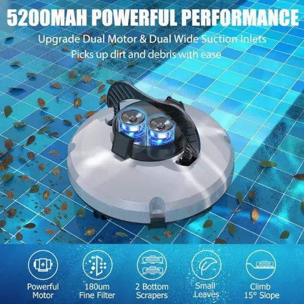 Uaktualnij bezprzewodowy odkurzacz basenowy do basenu naziemnego, automatyczny robot do czyszczenia basenu z silnikami z podwójnym napędem