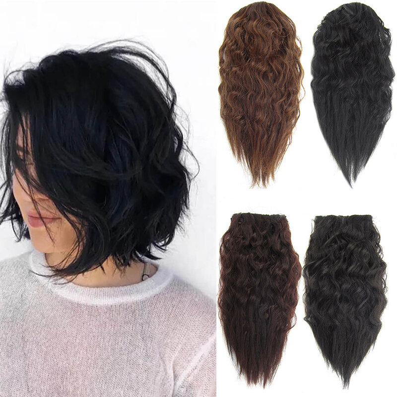 Zolin rambut palsu sintetis pendek keriting, klip poni dalam ekstensi rambut dengan 2 klip hitam terang cokelat untuk wanita