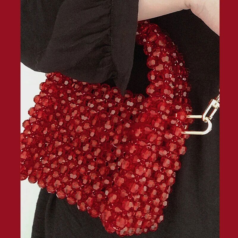 Retro Wine Red Small Acrylic Crossbody Handbag Handmade Beaded Purse High-quality Female Bolsos Transparentes Clear Purses