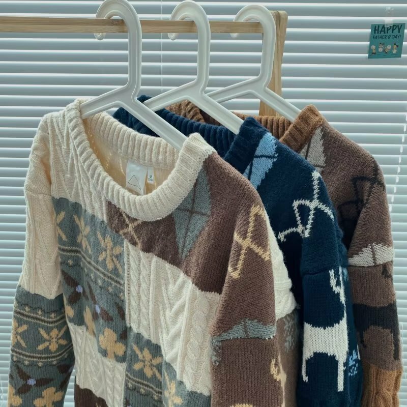American Retro Sweater Men's Winter Fashion Trend Loose Casual Stitching Contrast Color Fried Dough Twists Sweater Sweater Coat