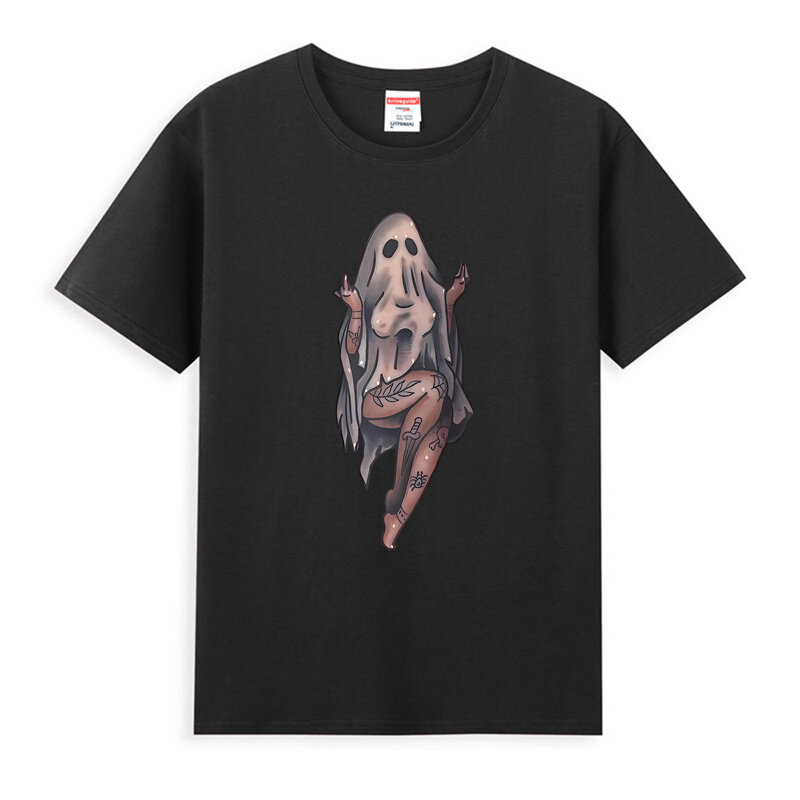 Naughty Sexy Lady Ghost with Tattoo Black Print T-shirt  Harajuku Artsy COTTON  tops  TEES  print Classic Casual  STREETWEAR