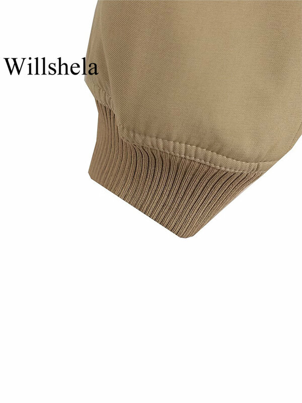 Willshela เสื้อแจ็คเก็ตบอมเบอร์แฟชั่นสำหรับผู้หญิงีกระเป๋าคอวีแขนยาวกระดุมแถวเดียวชุดผู้หญิงสุดชิค