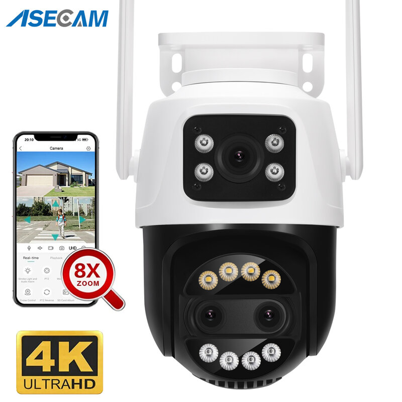 Cameras Vigilância Wifi 12MP com lente dupla Zoom de 8X de 4K PTZ rastreamento humano áudio de IA Camera de Segurança icsee