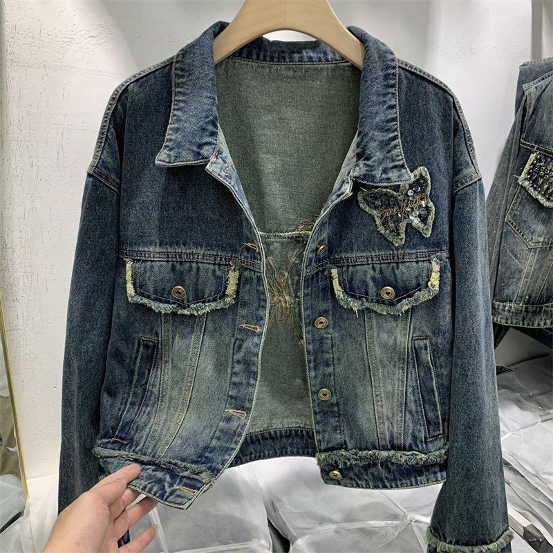 Europea And American Fashion Embroidered Denim Jacket Women's Spring Autumn Design Sense Sequins Raw Edge Splicing Cowgirl Coat
