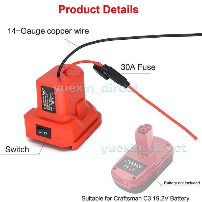 Adattatore per ruota di alimentazione fai da te usa giocattoli Rc robotica fai da te con fusibile e interruttore per batteria Craftsman C3 19.2v