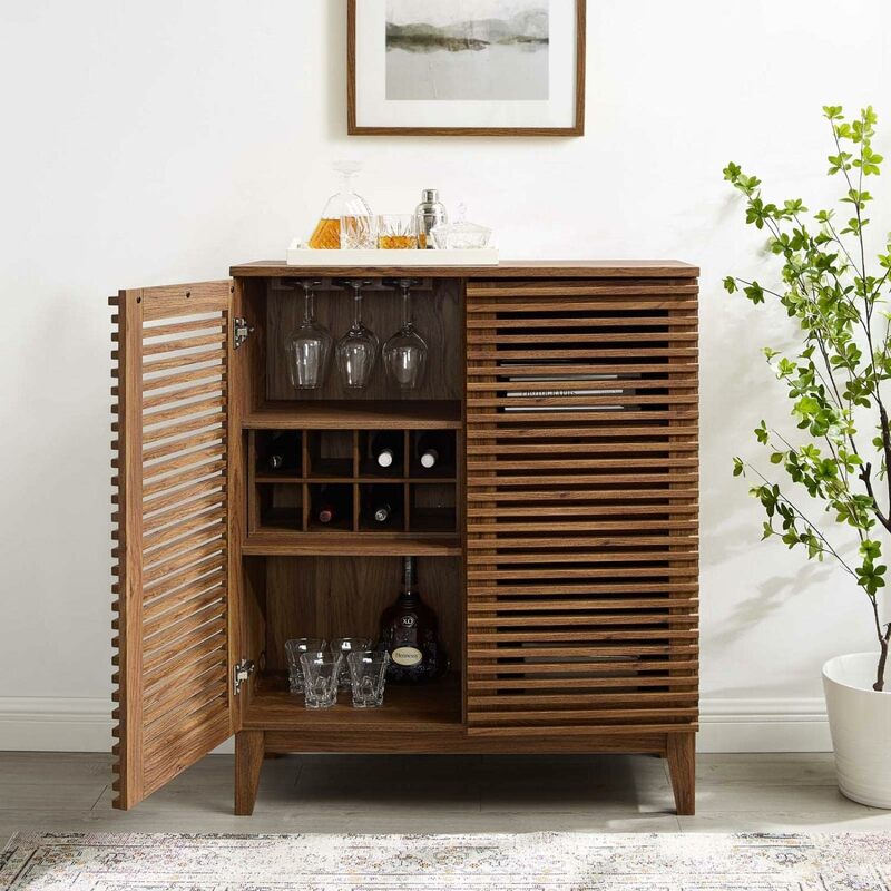 Mid-Century Modern Bar Cabinet Wine Rack Storage, Walnut Finish Coffee Liquor Bar Cabinet Sideboard Buffet Cabinet