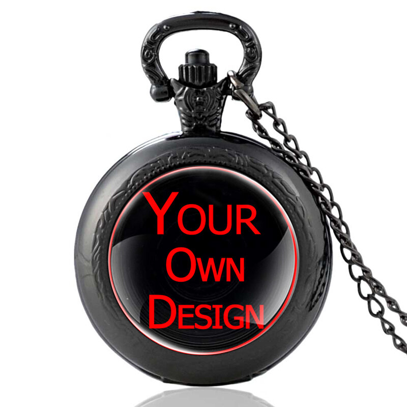 Personalize seu próprio design da marca logotipo/imagem de vidro cabochão relógio de bolso de quartzo do vintage masculino feminino pingente colar relógios presentes