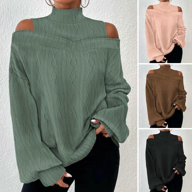Spring T-shirt Chic Off Shoulder Pullover Stylish Hollow Out Rhombus Texture Blouse for Women for Fall Spring Fashion for Women