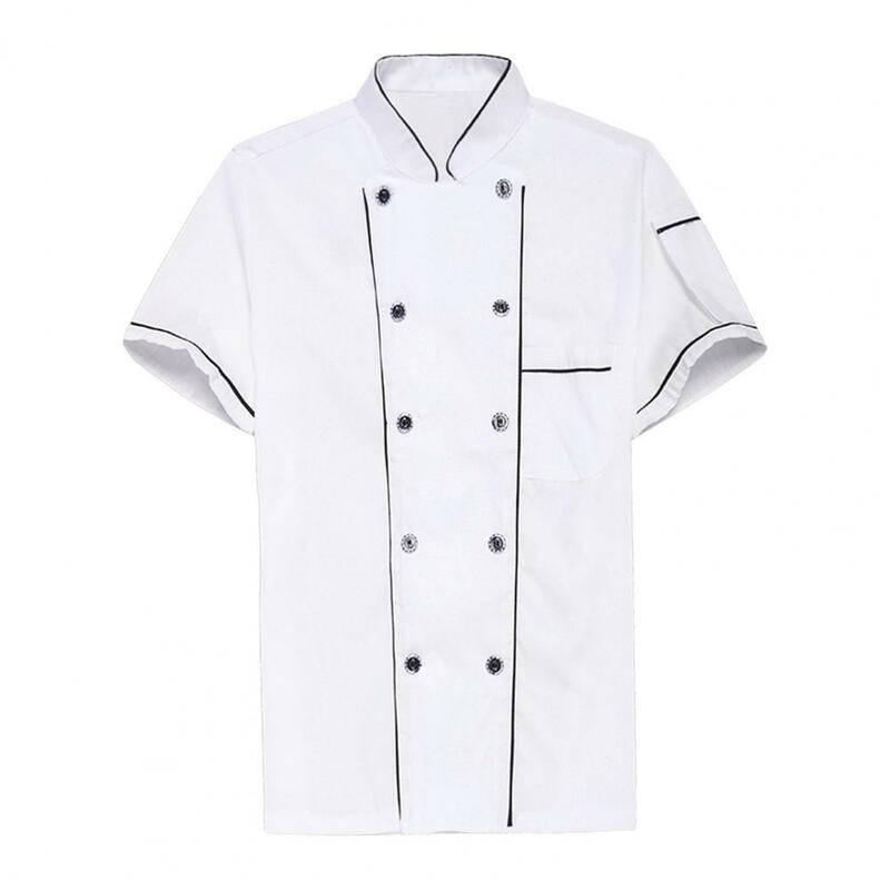 Mistura de algodão uniforme Chef, respirável, resistente a manchas, trespassado, manga curta, apto para cozinha, padaria, restaurante
