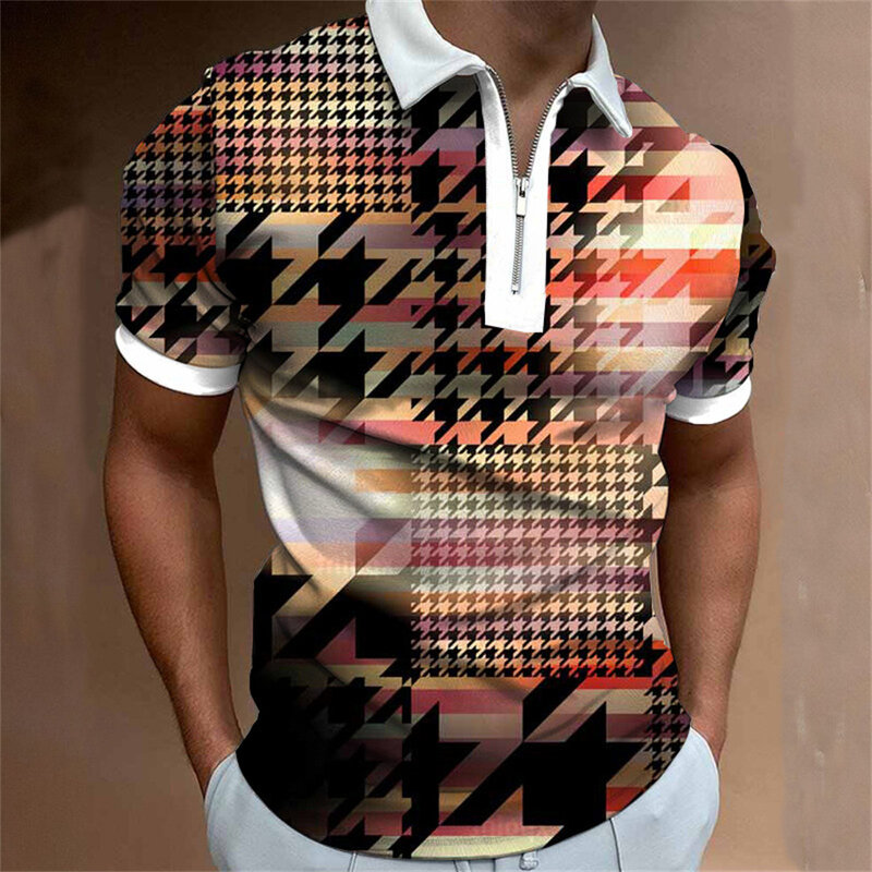 남성용 지퍼 폴로 셔츠, 반팔 라펠, 디지털 인쇄, 여름 폴로 셔츠
