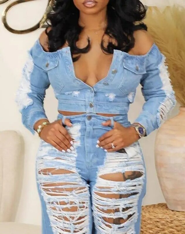 Seksowny damski strój z wysoką talią kieszonkowe spodnie porwane jeansy 2023 jesień lato wiosna nowa moda na co dzień