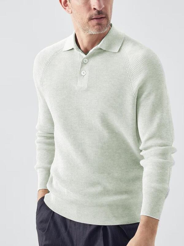 Sweater Polo lengan panjang pria, Sweater lengan panjang warna polos musim gugur
