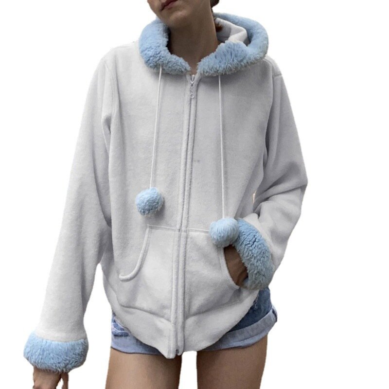 모피 후드 스웨터 플러스 벨벳 따뜻한 루즈 지퍼 맨투맨 캐주얼 컬러 매칭 카디건 재킷, 2022 가을 및 겨울 신상