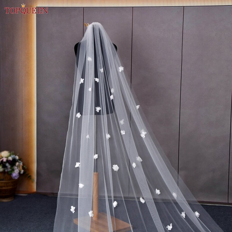TOPQUEEN-Véu do casamento com flores 3D, véu, véu de tule, Catedral Mantilla, alta qualidade, V93