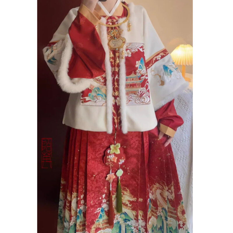 Mulheres Inverno Ano Novo Robe de Guerra, Hanfu, Dinastia Ming, Veludo Espessado, Saia Rosto de Cavalo