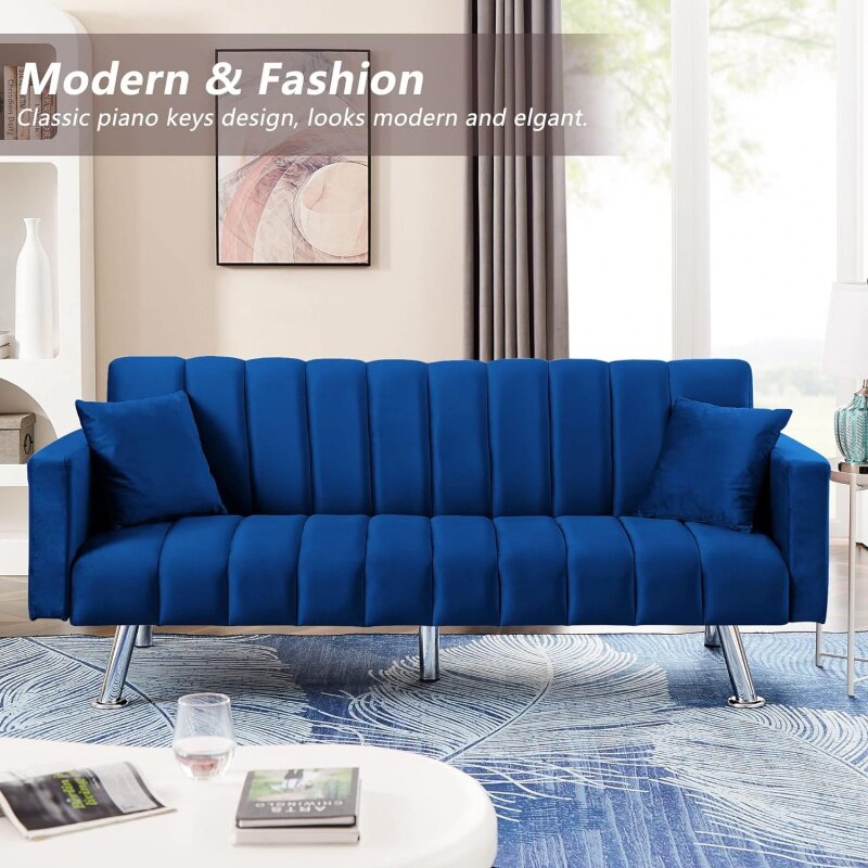 AWQM tempat tidur Sofa, berlapis kain Convertible 2 bantal, Sofa tidur beludru Modern dengan rangka kayu dan kaki logam
