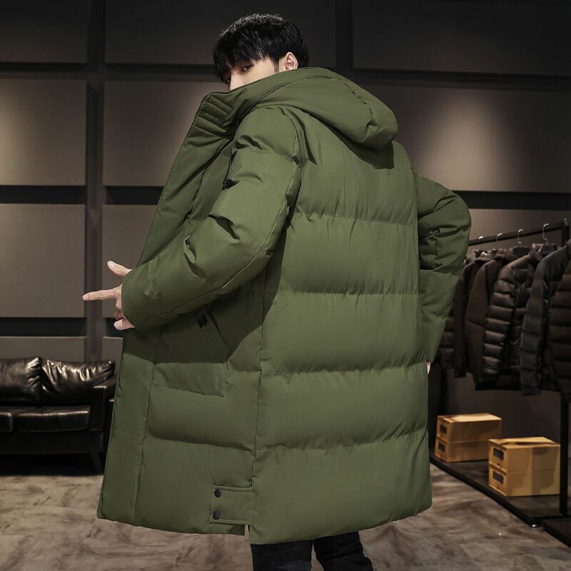 Piumino coreano in cotone cappotto invernale in cotone allungato abbigliamento da uomo in cotone con cappuccio addensato al ginocchio di media lunghezza