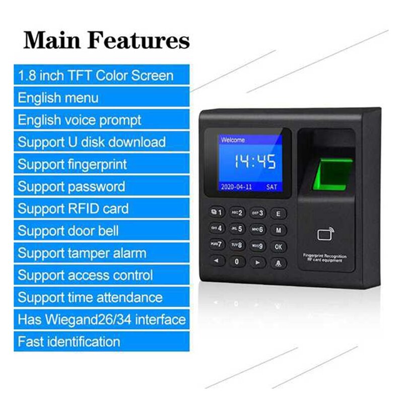 Control de Acceso de asistencia, teclado RFID, Control de acceso, grabador de reloj de tiempo eléctrico, gestión de datos USB con teclas