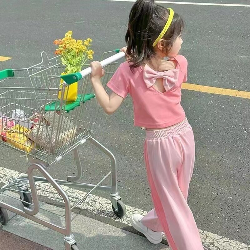 Neue Mädchen rosa T-Shirt setzt Sommer Kinder Kurzarm Kleidung Anzüge Tops weitb einige Hosen 2 Stück Kinder Mode Outfits 1-7y