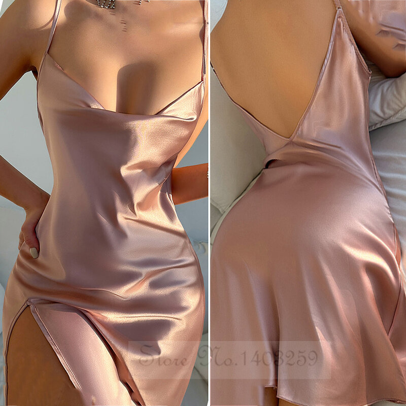 Sexy Backless Mini Nightdress Female Suspender Nightgown Chemise Sleepwear Lingerie Summer Satin Home Dressing Gown Lounge Wear