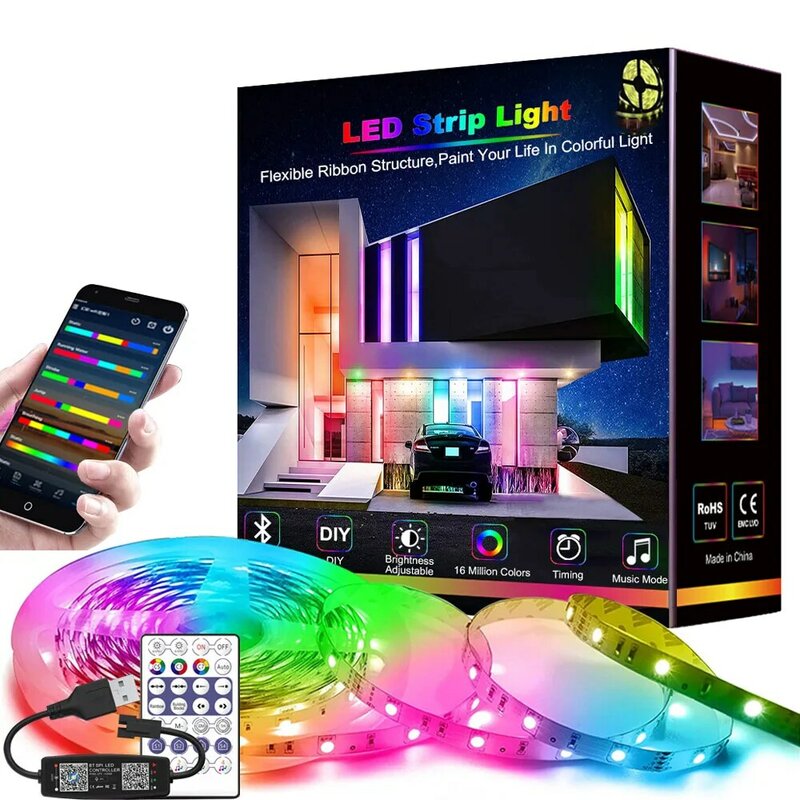 Tira de luces LED WS2812, cinta Flexible RGBIC de 1m-30m, Control por aplicación Bluetooth, efecto de búsqueda, cinta de diodo, retroiluminación de escritorio y TV