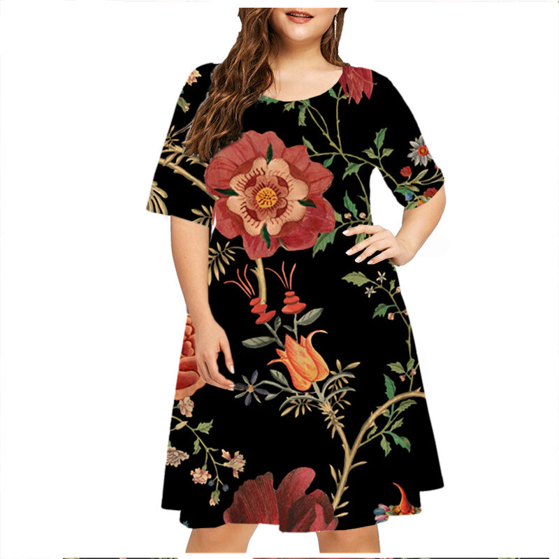Robe d'été décontractée à manches courtes et col rond pour femmes, vintage, imprimé de fleurs et de plantes, grande taille, été, 2023
