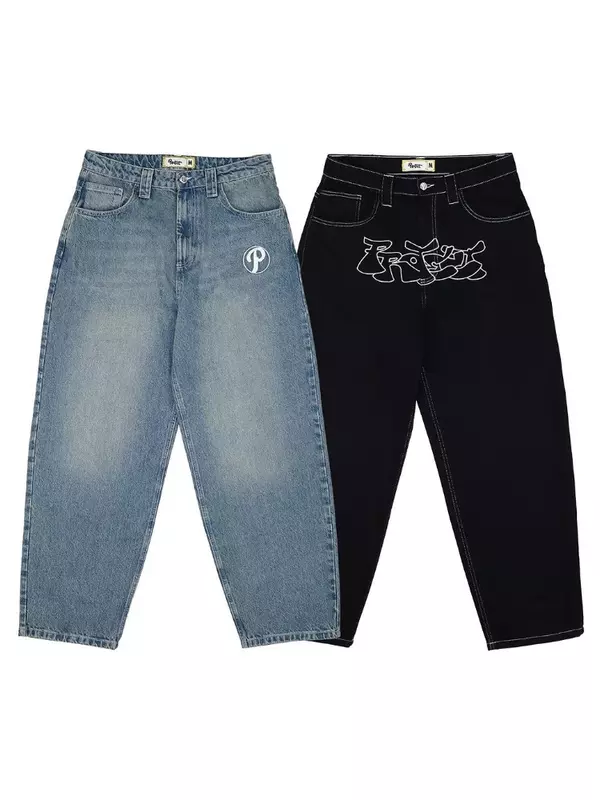 Jins kaki lebar untuk pria, pakaian jins motif Hip Hop Retro jalanan, Jeans kasual pinggang tinggi warna hitam 2023