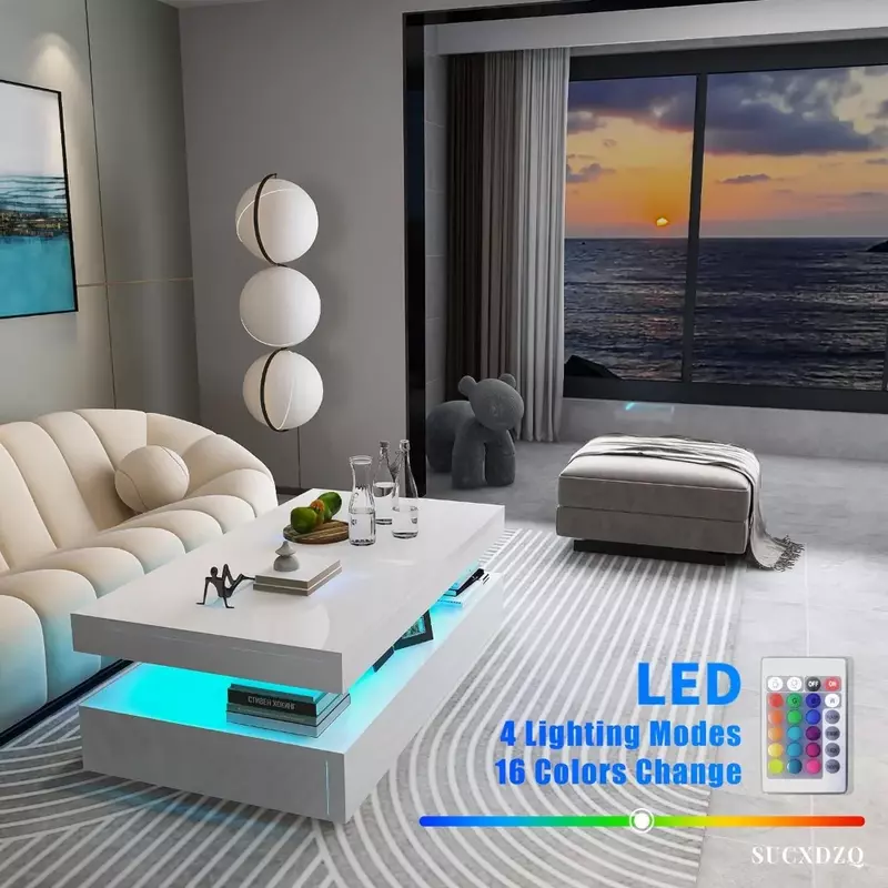 LED Coffee Table, White Modern High Gloss Coffee Table with RGB Light, Rectangular Coffee Table with Remote Control for Living