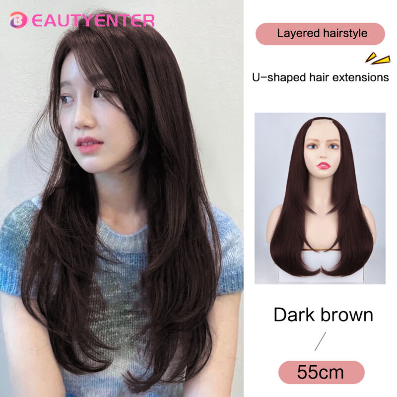 Beauty U-Vormige Haarverlenging Synthetisch Haar Lange Rechte Clip In Hair Extensions Vals Haar Zwart Ren Haarstukken Voor Vrouwen