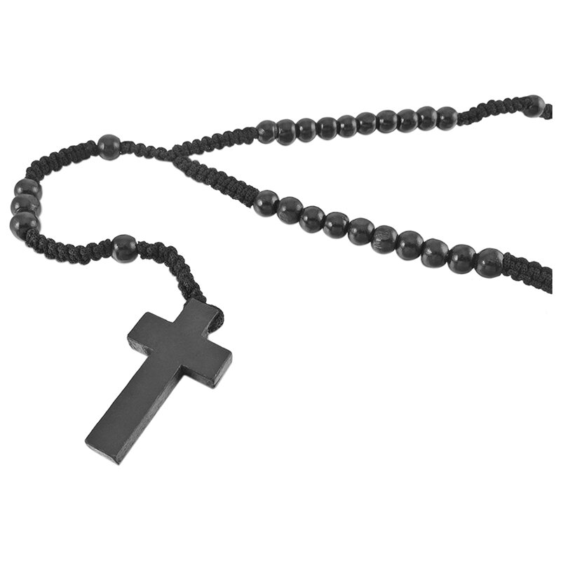Collana con ciondolo in legno collana con croce nera con perline retrò da 24 pollici con catena a rosario uomo, donna