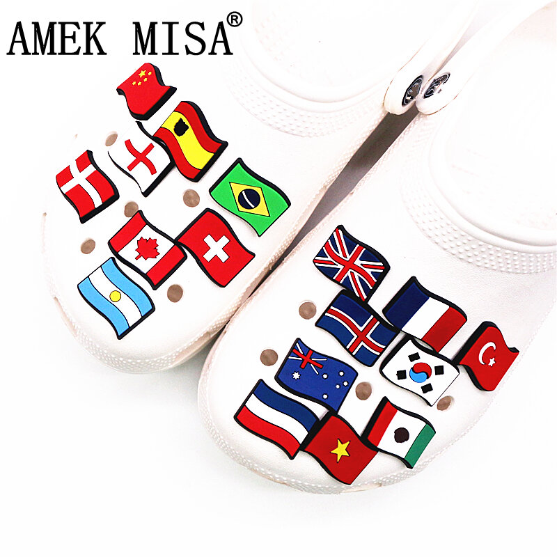 Single Sale 1pcs National Flags Shoe Charms Accessories Cartoon Flag Banner Shoe Decorations for Kids Xmas Party Gifts