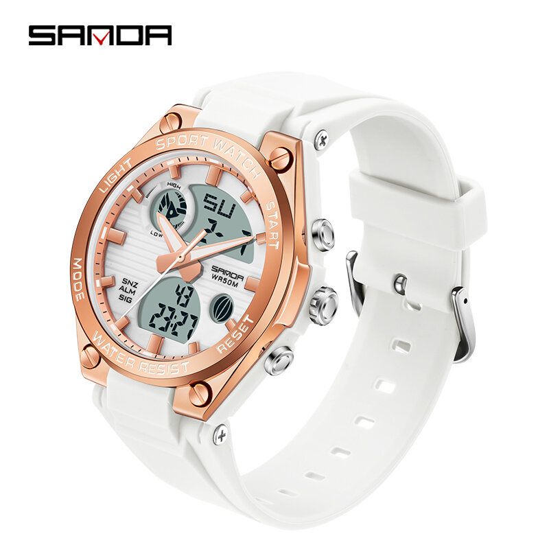 SANDA 6067 Fashion Digital Women Sport Casual Chronograph Calendar Lady Quartz Wristwatch 50m Waterproof Girl Electronic Watch