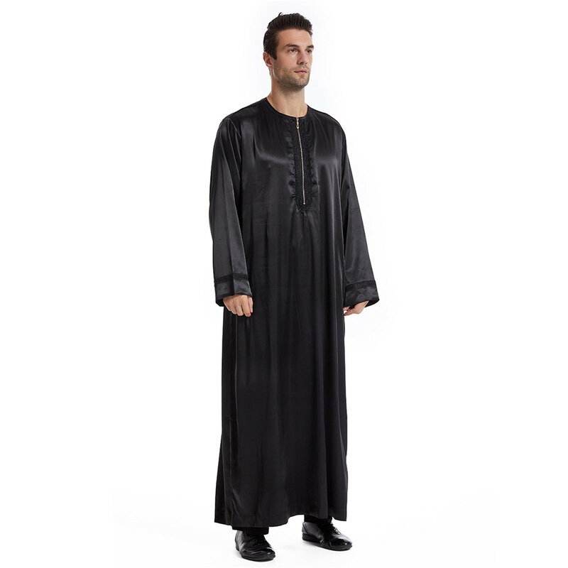 Robe musulmane brodée en satin pour hommes, manches mi-longues, mode extravagante, abaya de loisirs, musulman monochrome, moyen, décontracté, arabe