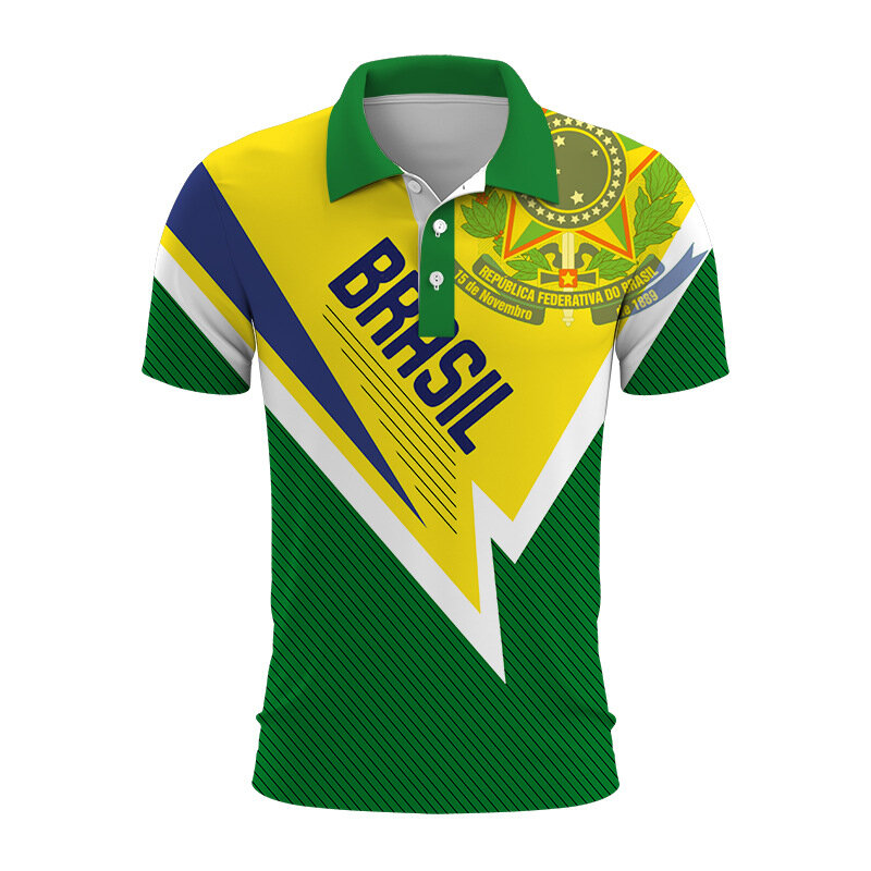 Emblema nacional do Brasil masculino camisa polo estampada em 3D, casual tops extragrandes, tendência de manga curta, colarinho de botão, verão