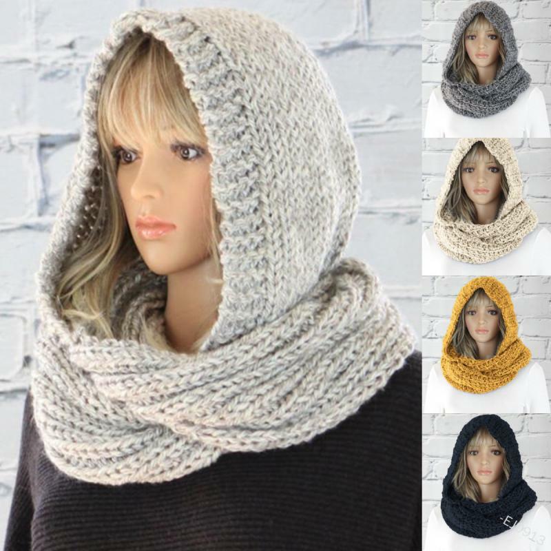 Babero con capucha para mujer, bufanda de lana de Color sólido, gorro de punto cálido, envoltura de cuello, informal, Otoño e Invierno