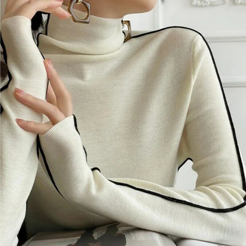 여성용 스트라이프 터틀넥 따뜻한 니트 스웨터 풀오버, 용수철 가을 Y2K 우아한 한국 오피스 레이디 심플 디자인 하의 점퍼
